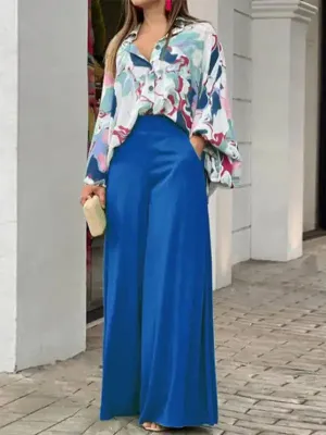 Women’s Printed Long Sleeve Button Front Closure With Wide Leg Pants Set